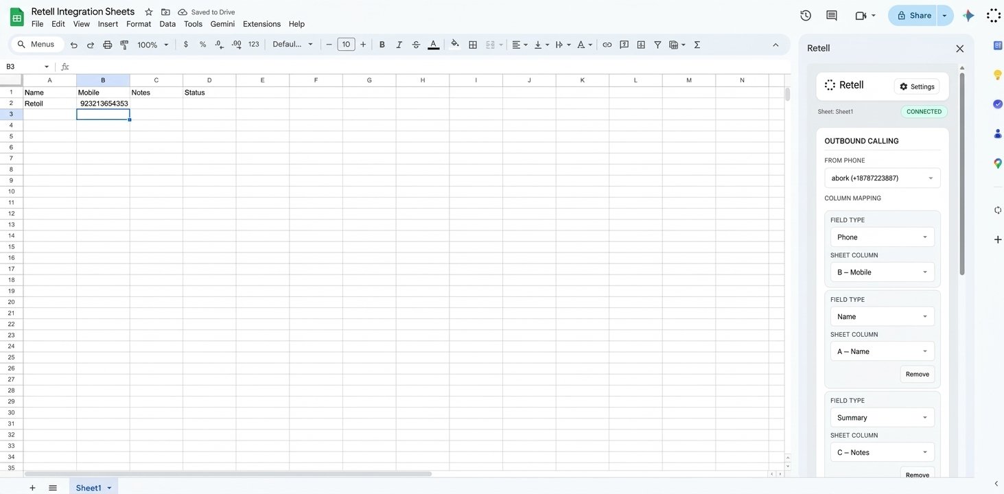 Google Sheet row with a test phone number and Retell sidebar Call Selected Lead button