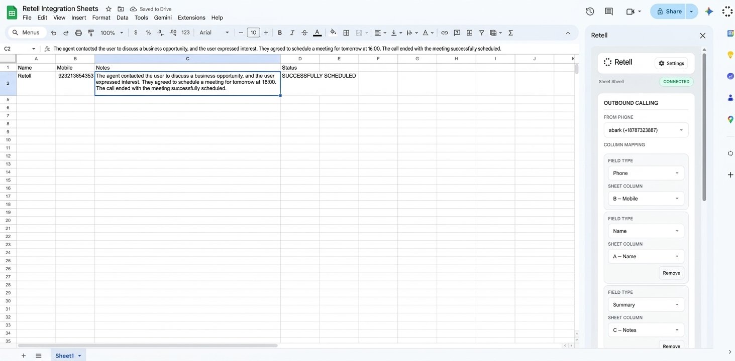 Google Sheet row after a completed Retell call showing Status and Summary populated