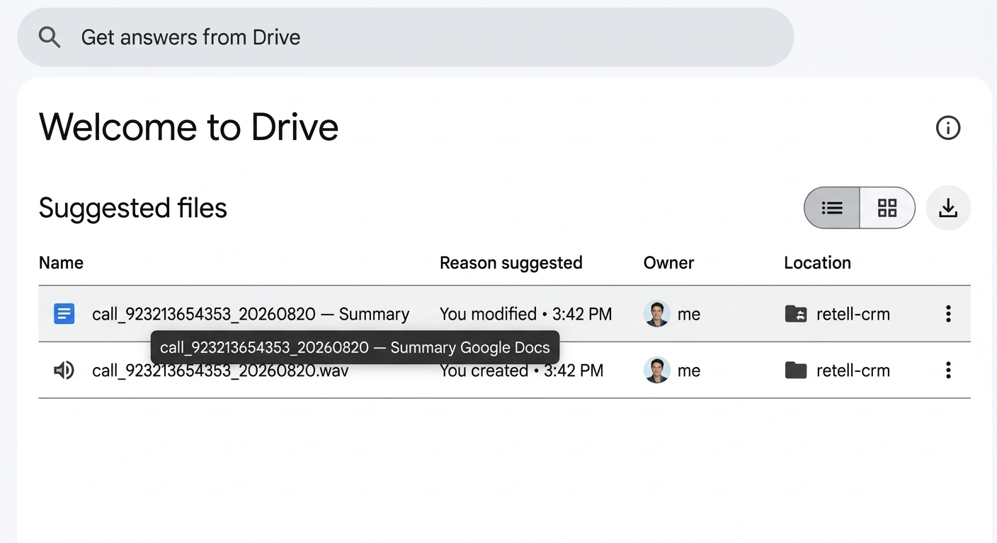 Google Drive retell-crm folder containing a call recording file and summary document