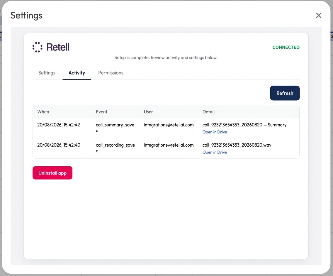Retell settings Activity tab showing recent Google Sheets integration events