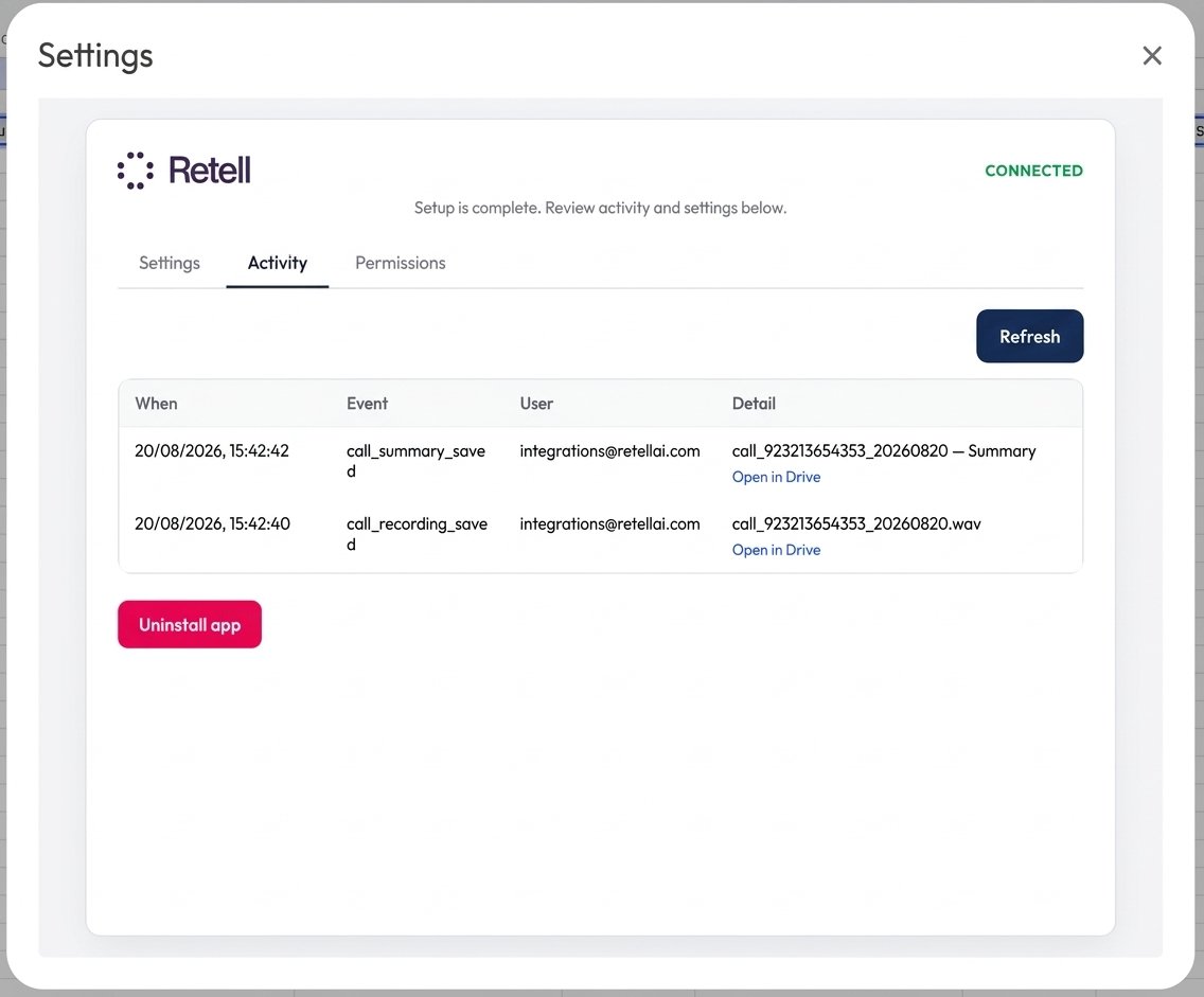 Retell settings Activity tab showing recent Google Sheets integration events