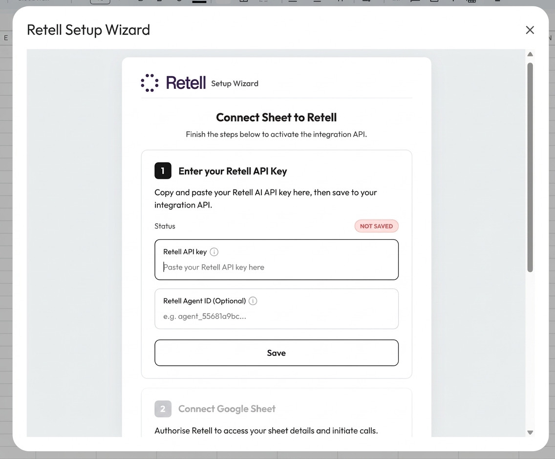 Google Sheets menu showing Retell Open Sidebar and Setup Wizard