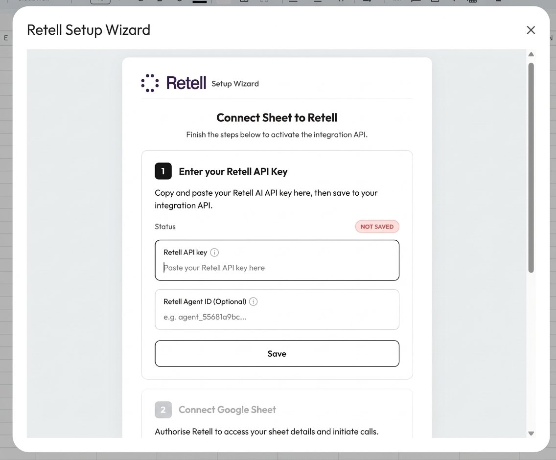 Google Sheets menu showing Retell Open Sidebar and Setup Wizard