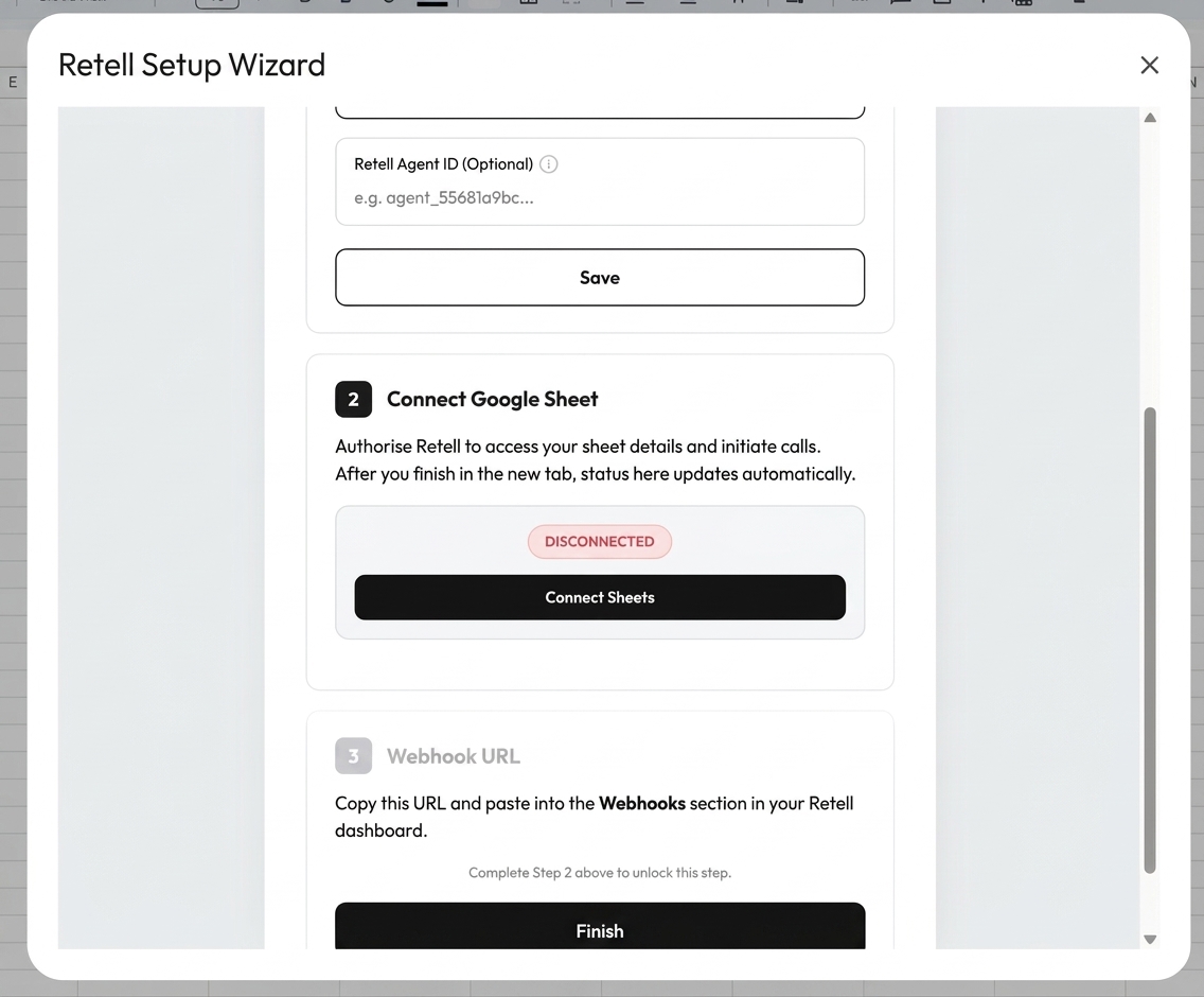 Google Sheets menu showing Retell Open Sidebar and Setup Wizard