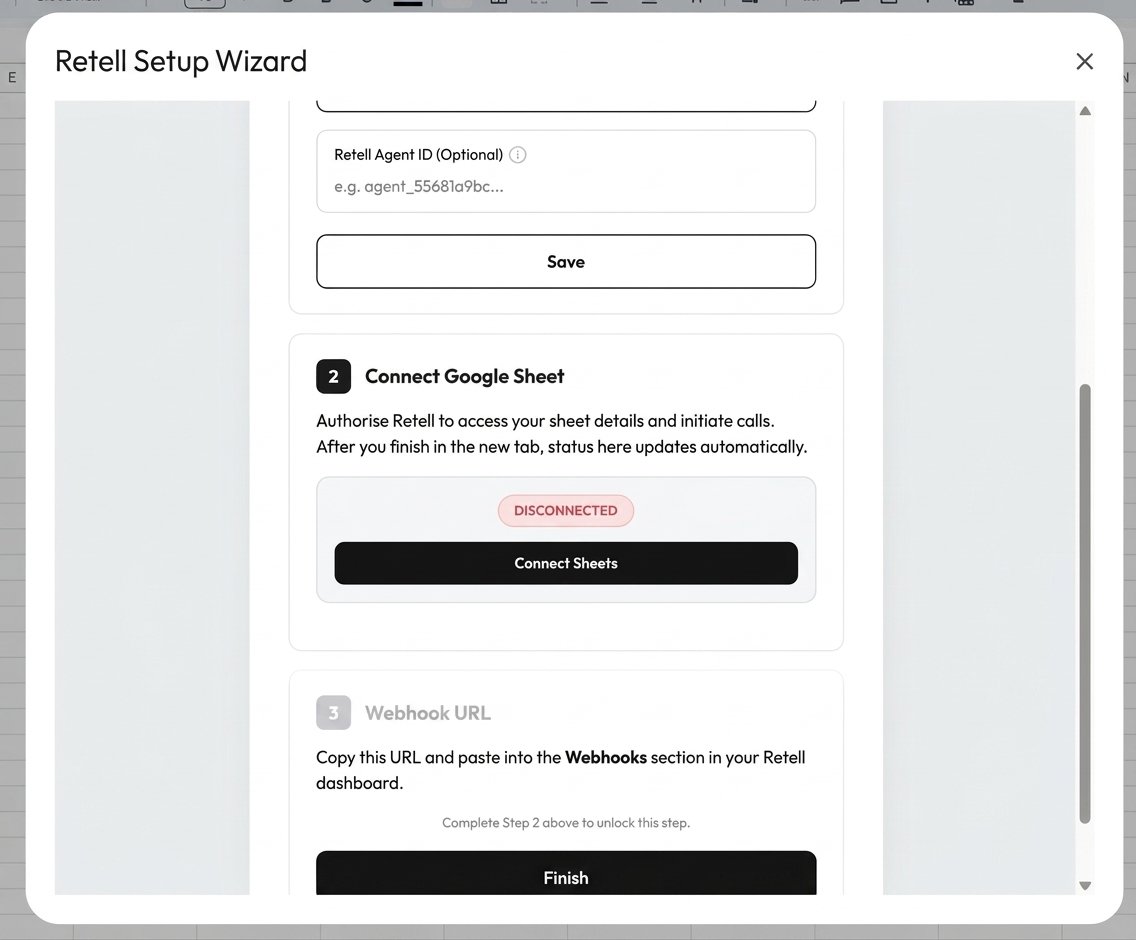 Google Sheets menu showing Retell Open Sidebar and Setup Wizard