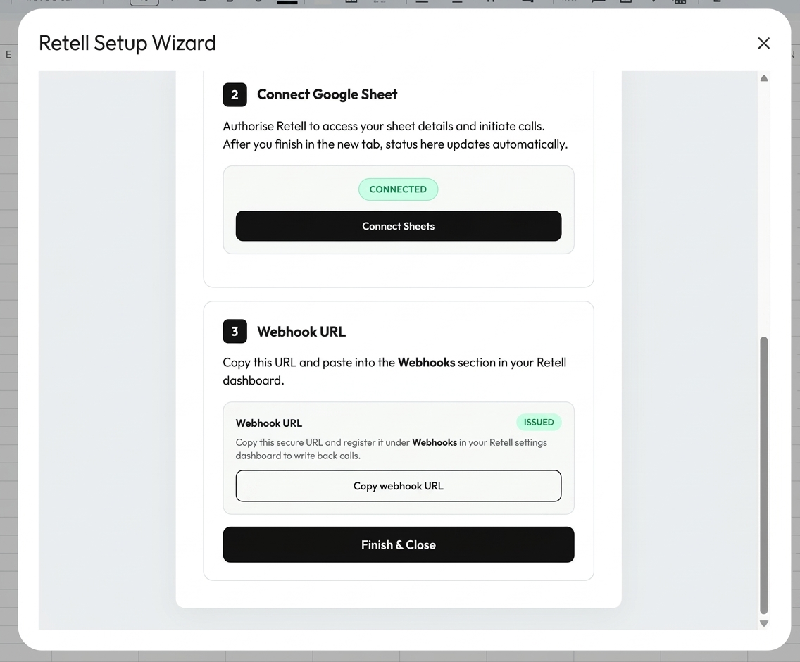 Retell Setup Wizard showing the issued Webhook URL and Copy webhook URL button