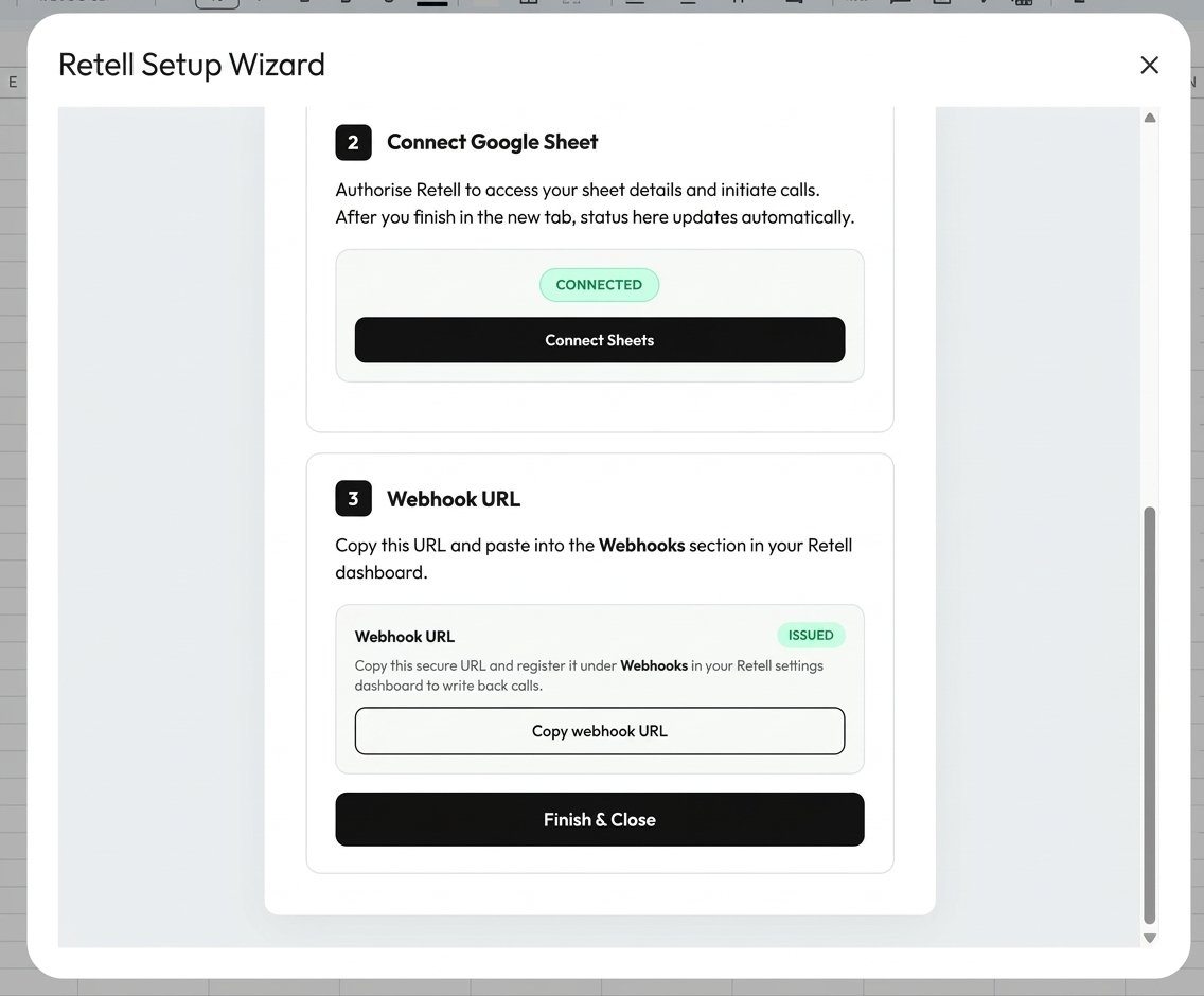Retell Setup Wizard showing the issued Webhook URL and Copy webhook URL button