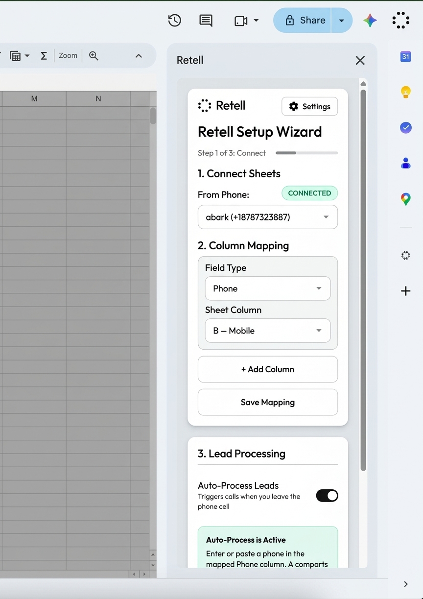 Retell sidebar From Phone selector listing Retell outbound numbers