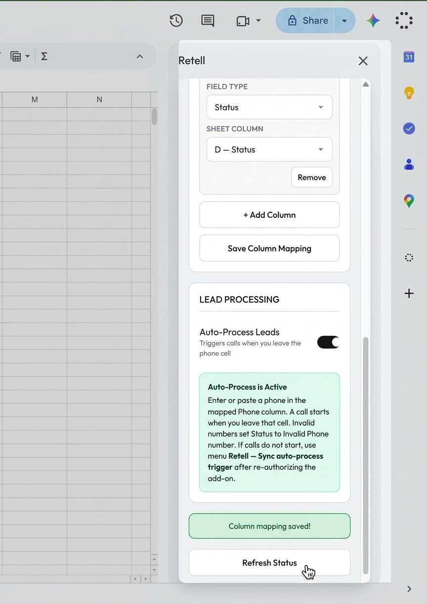 Retell sidebar Auto-Process Leads toggle enabled with guidance to sync the auto-process trigger