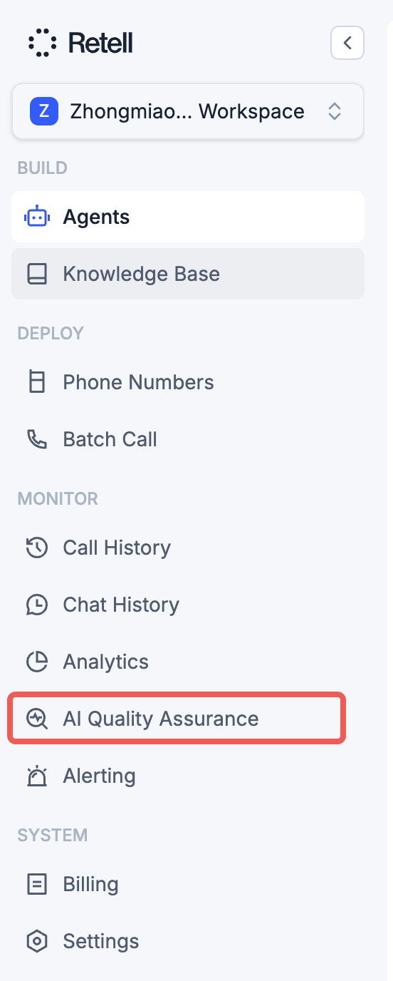AI QA tab highlighted in the Retell left sidebar navigation