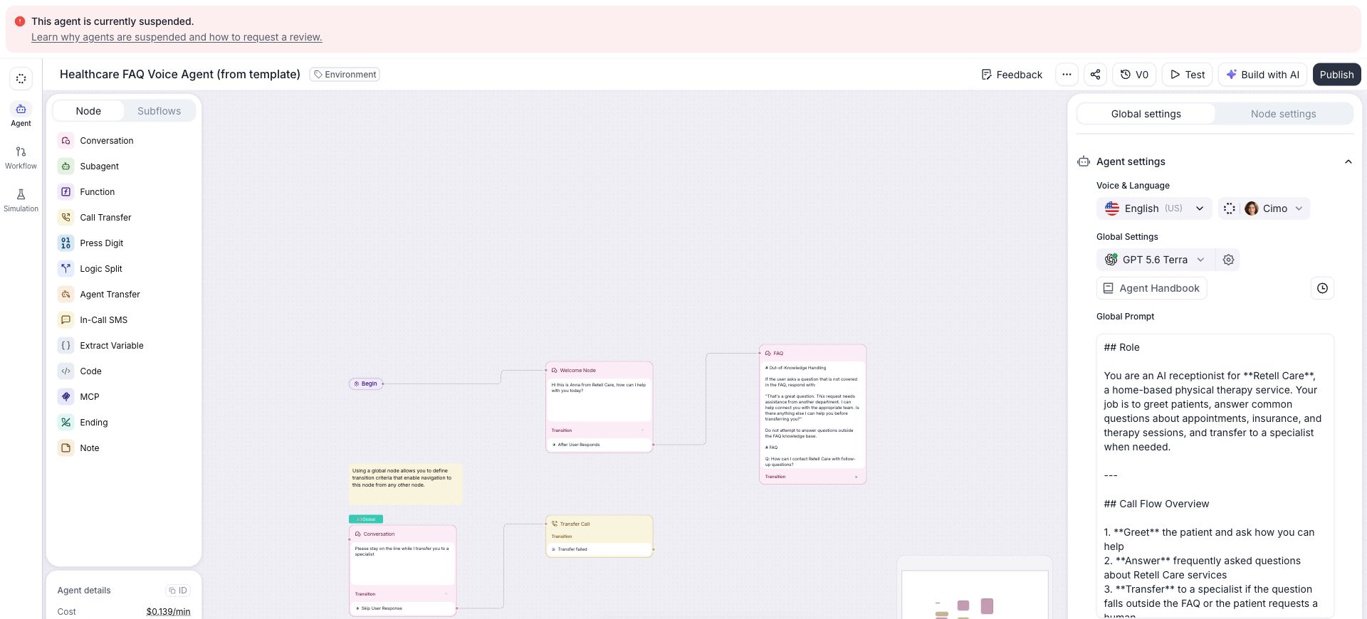 Healthcare FAQ Voice Agent editor with the suspension warning above the agent header, the conversation flow canvas in the center, and global settings on the right. The warning links to suspension reasons and review instructions.