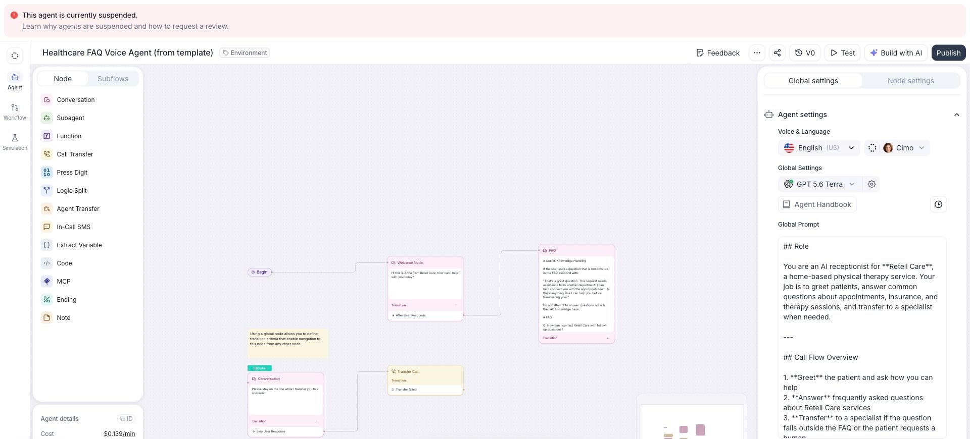 Healthcare FAQ Voice Agent editor with the suspension warning above the agent header, the conversation flow canvas in the center, and global settings on the right. The warning links to suspension reasons and review instructions.