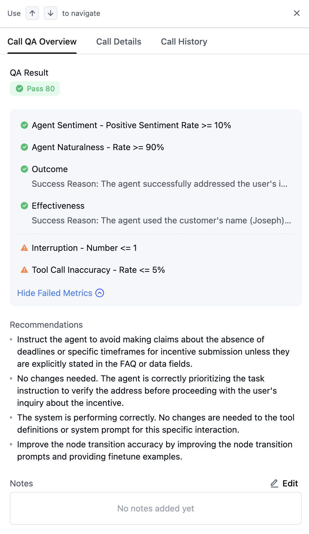 Call QA sheet with metrics and recommendations