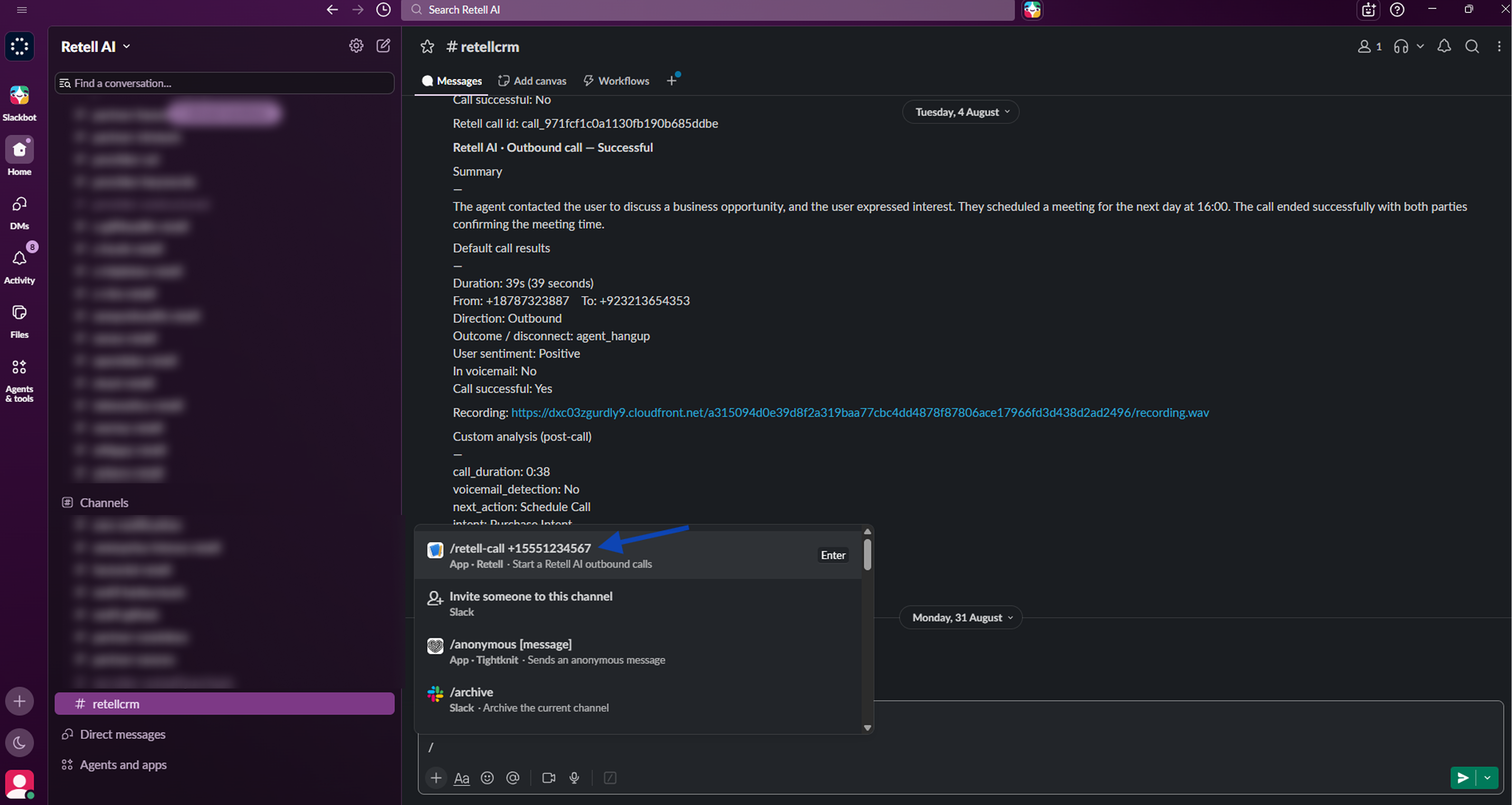 Slack channel showing the retell-call slash command with an E.164 destination number