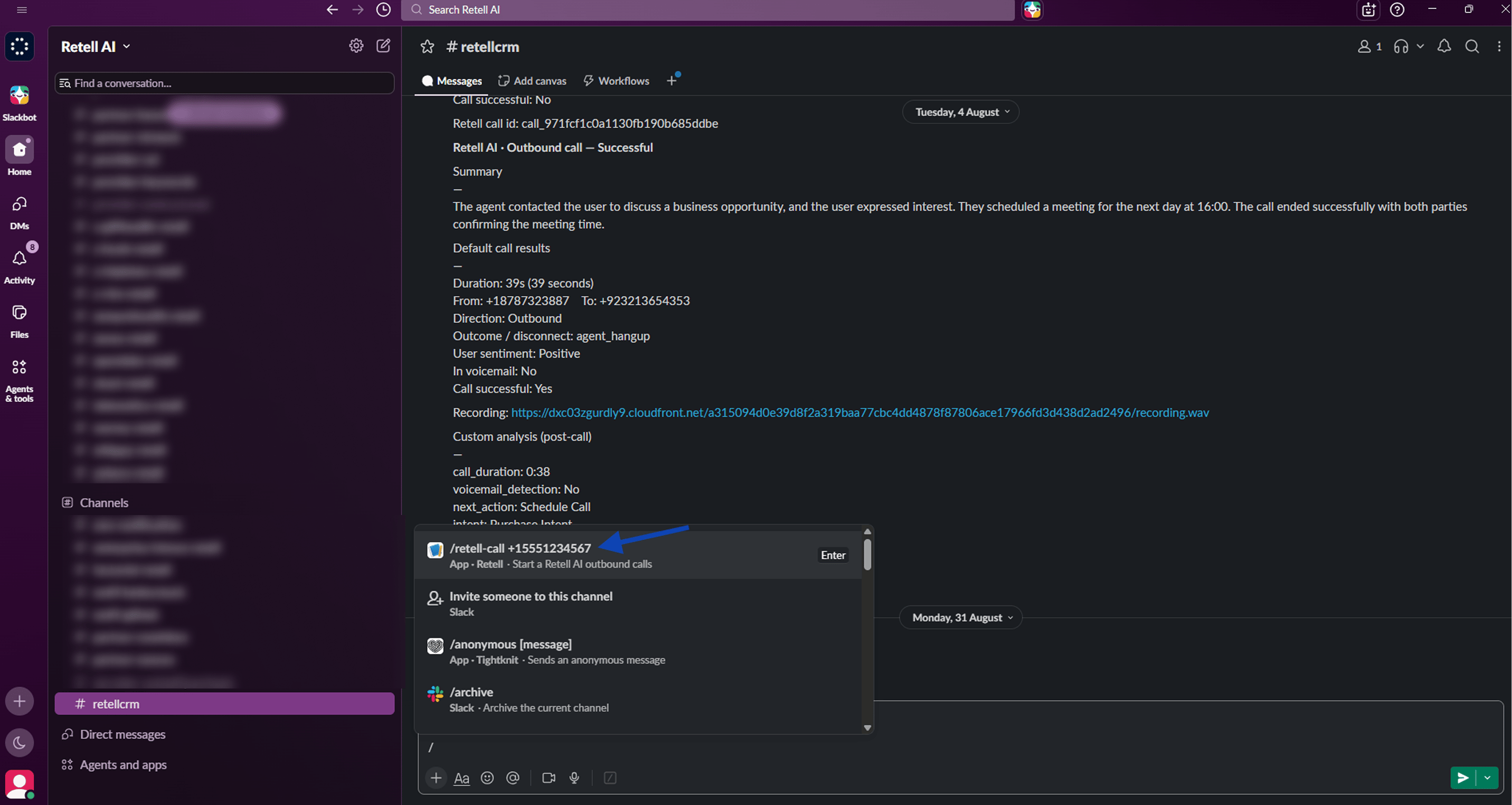 Slack channel showing the retell-call slash command with an E.164 destination number