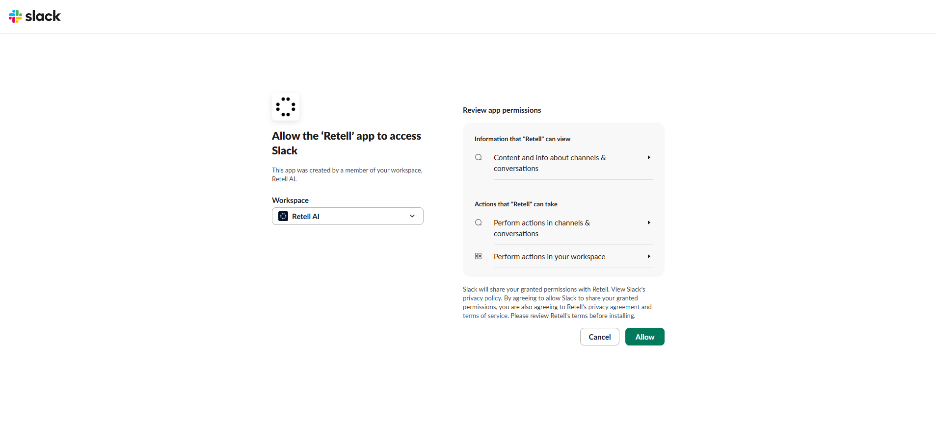 Slack OAuth permission screen for Retell AI with the Allow button