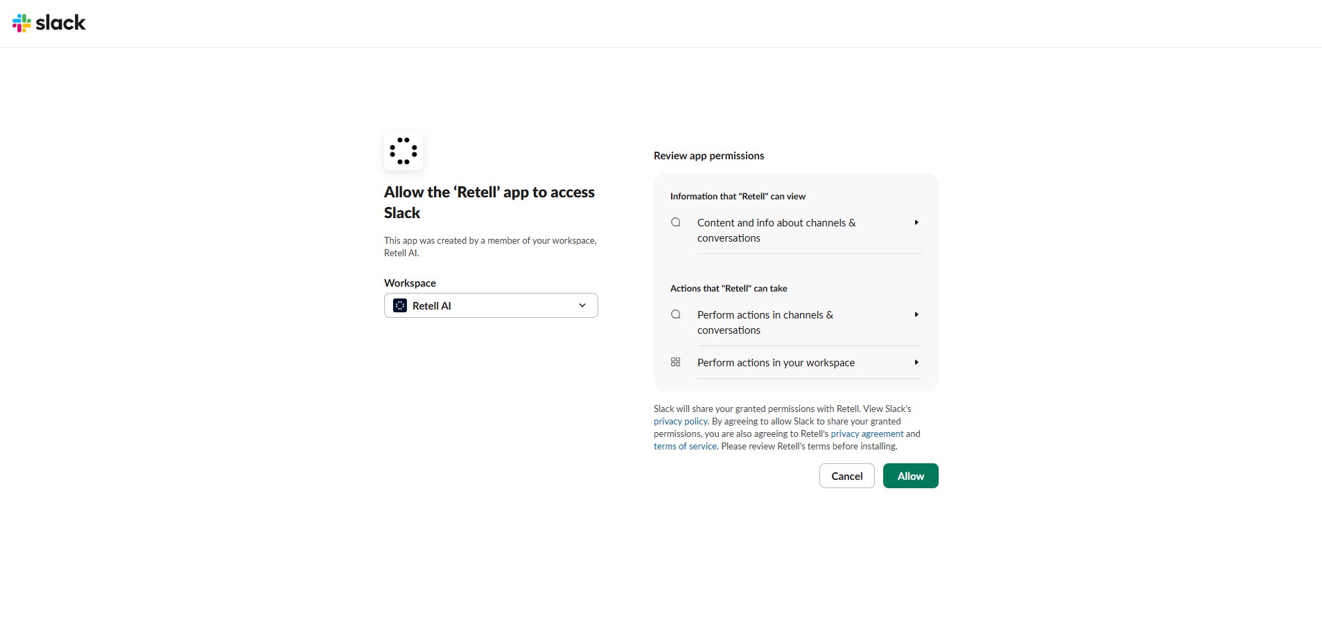 Slack OAuth permission screen for Retell AI with the Allow button