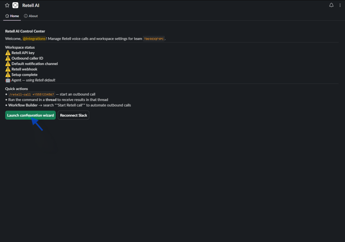 Retell AI App Home showing the Connect Slack option