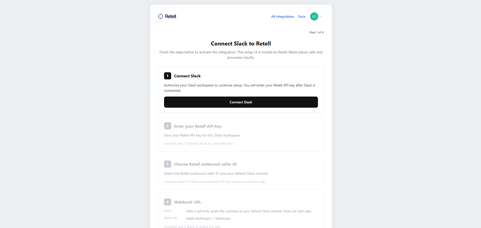 Retell AI App Home showing the Launch configuration wizard button