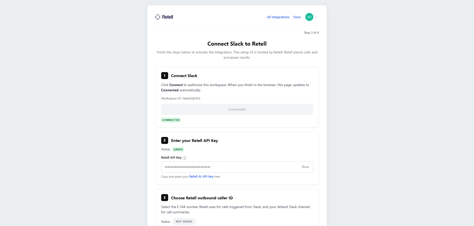 Retell setup wizard showing the Retell API Key field and Save API key button