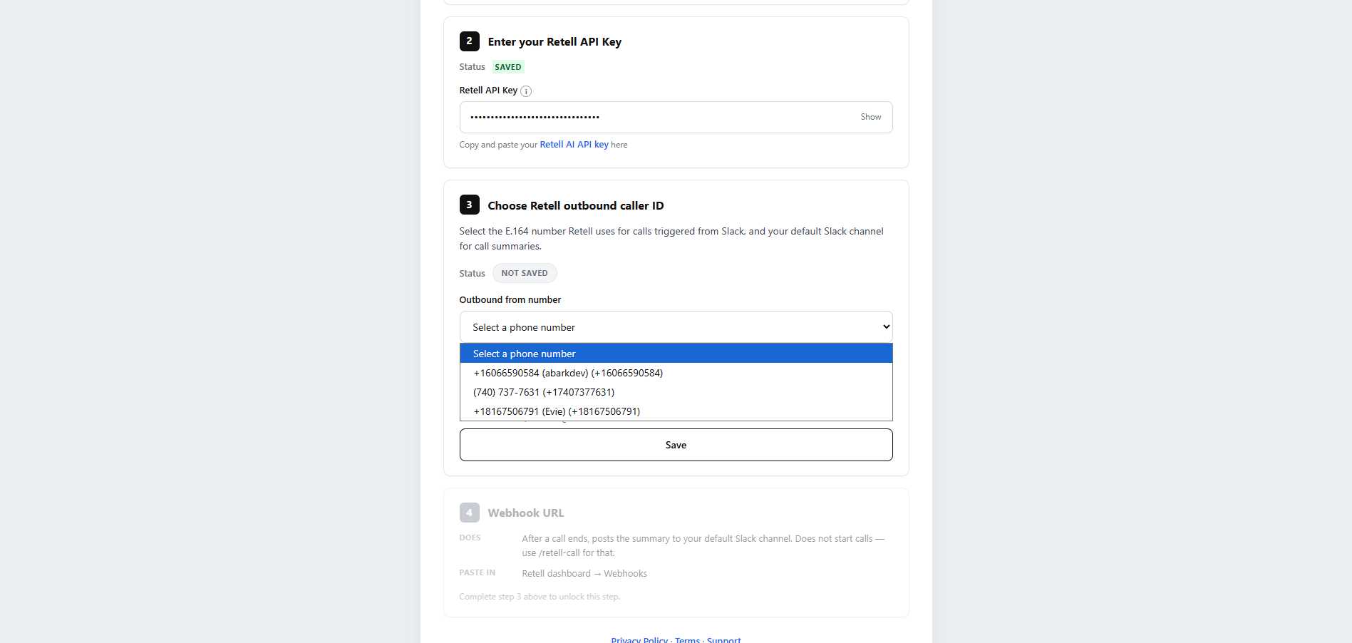 Retell setup wizard showing the outbound caller ID and agent options