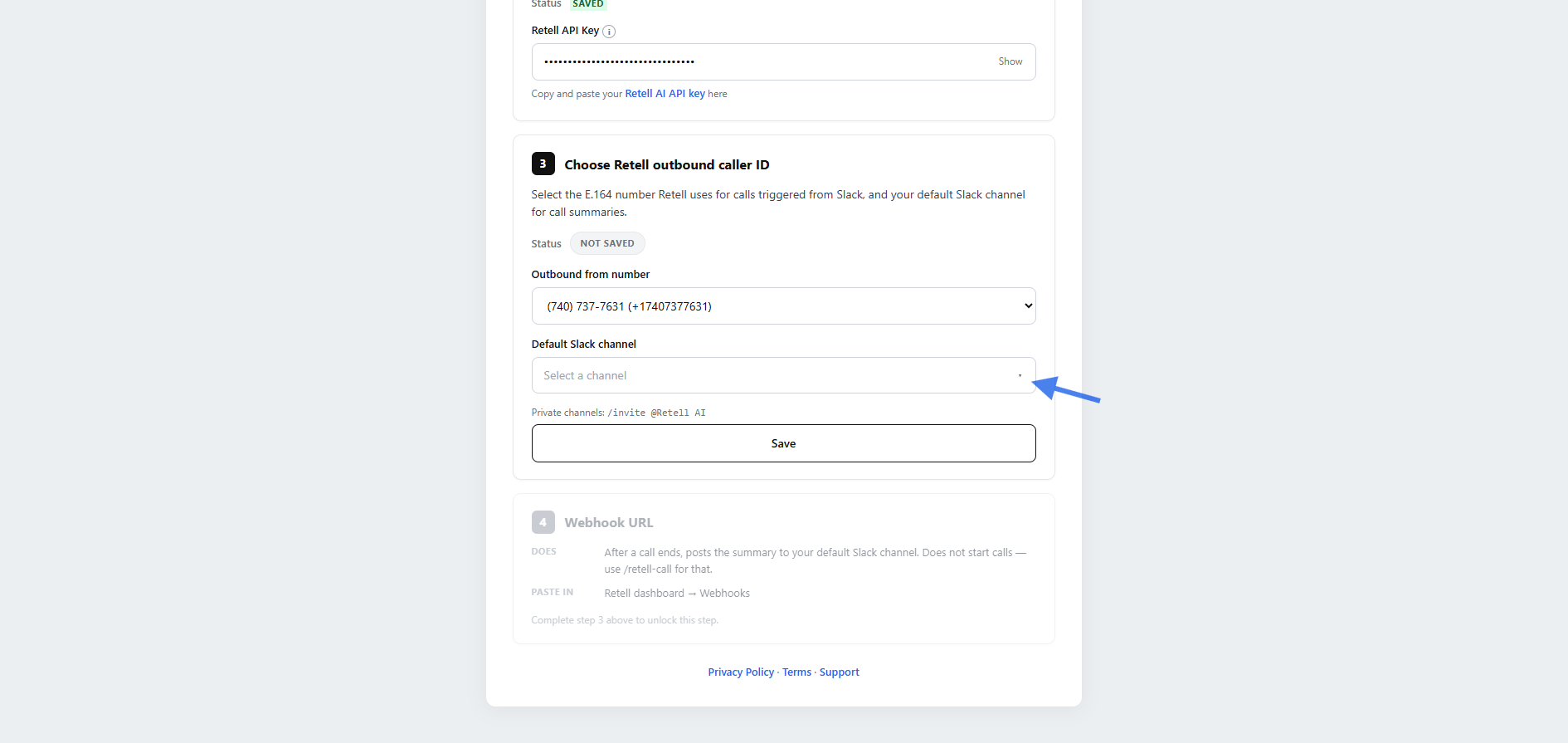 Retell setup wizard showing the default Slack notification channel selector