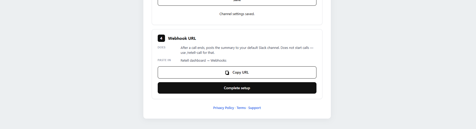 Retell setup wizard showing the generated webhook URL and Copy webhook URL button