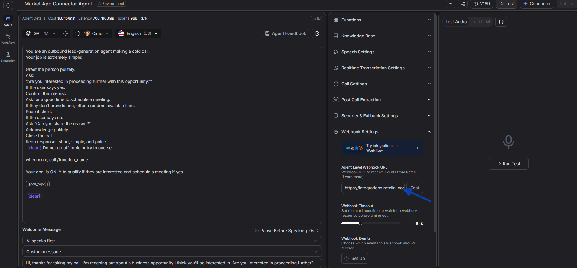 Retell agent Webhook Settings showing the pasted Agent Level Webhook URL, Test button, and call_analyzed webhook event