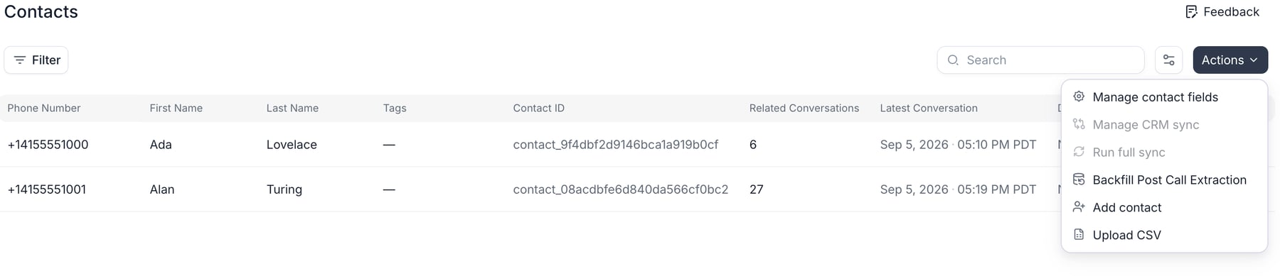 Contacts page with the Actions menu open, listing Manage contact fields, Manage CRM sync and Run full sync (both greyed out with no CRM connected), Backfill Post Call Extraction, Add contact, and Upload CSV, above a table of two contacts showing phone number, name, contact ID, related conversations, and latest conversation.