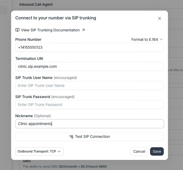 Connect to your number via SIP trunking dialog with example phone number and termination URI, the Test SIP Connection button, and Outbound Transport set to TCP. The form has not been saved.
