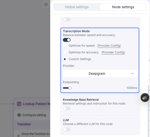 Node transcription override with Custom Settings selected, Deepgram as the provider, and the Endpointing slider set to 1000ms, highlighted in blue.