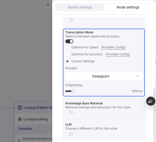 Node transcription override with Custom Settings selected, Deepgram as the provider, and the Endpointing slider set to 1000ms, highlighted in blue.
