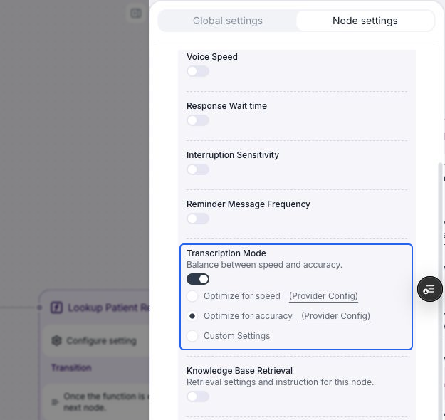 Node settings with the Transcription Mode override enabled and highlighted. Optimize for accuracy is selected; speed and Custom Settings are also available.