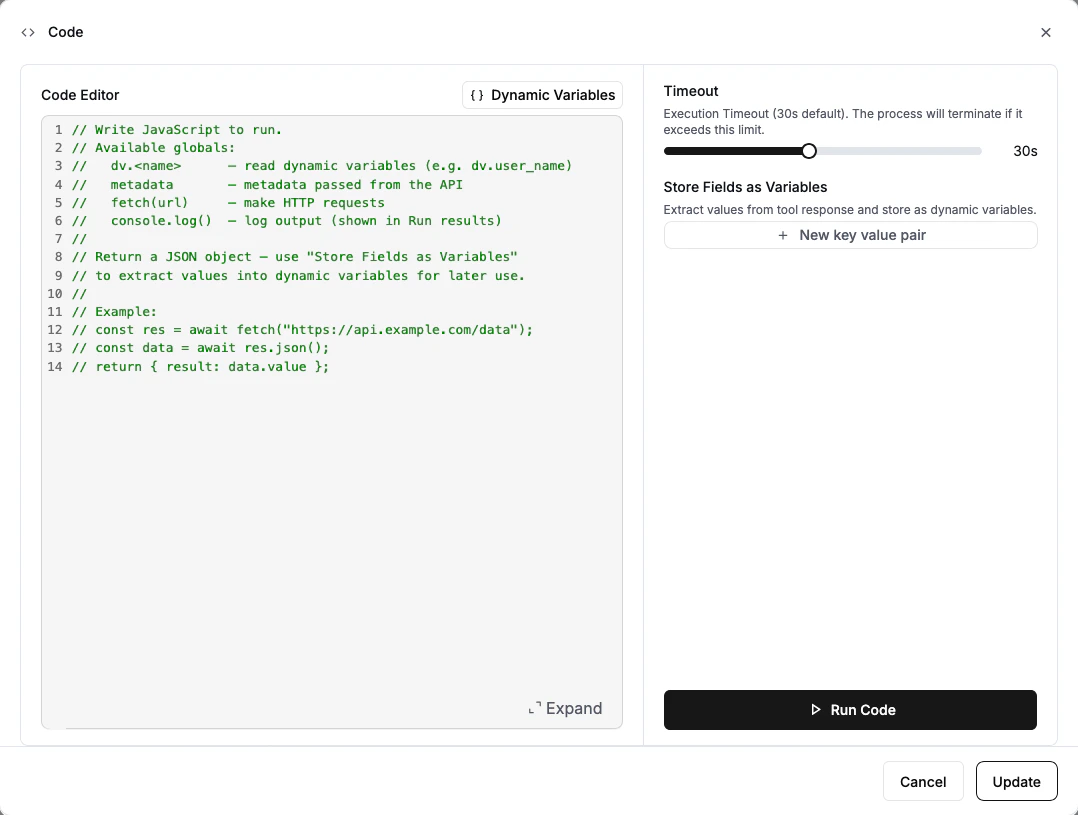 Code editor with JavaScript code and configuration options