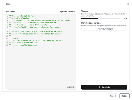 Code node: run JavaScript in a conversation flow - Retell AI
