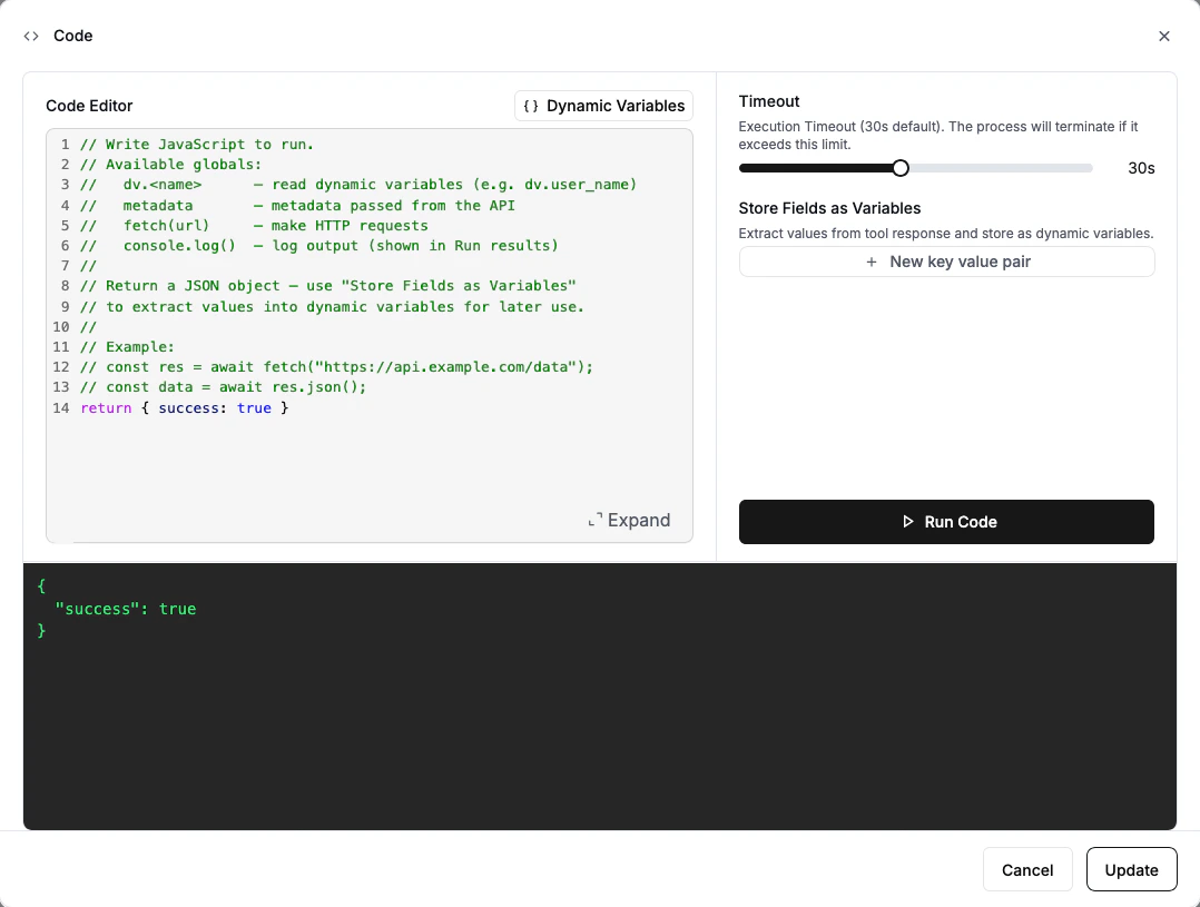 Code editor showing test output after clicking Run Code