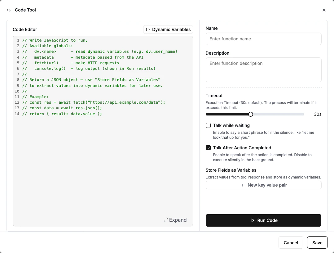 Code Tool editor with name, description, code, and configuration options