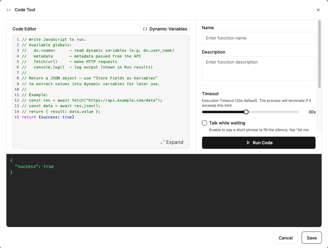Code Tool editor showing test output after clicking Run Code