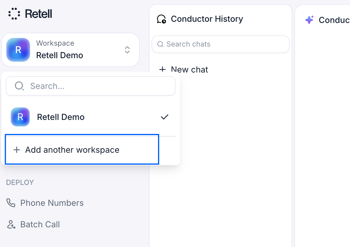 Workspace dropdown with Add another workspace highlighted