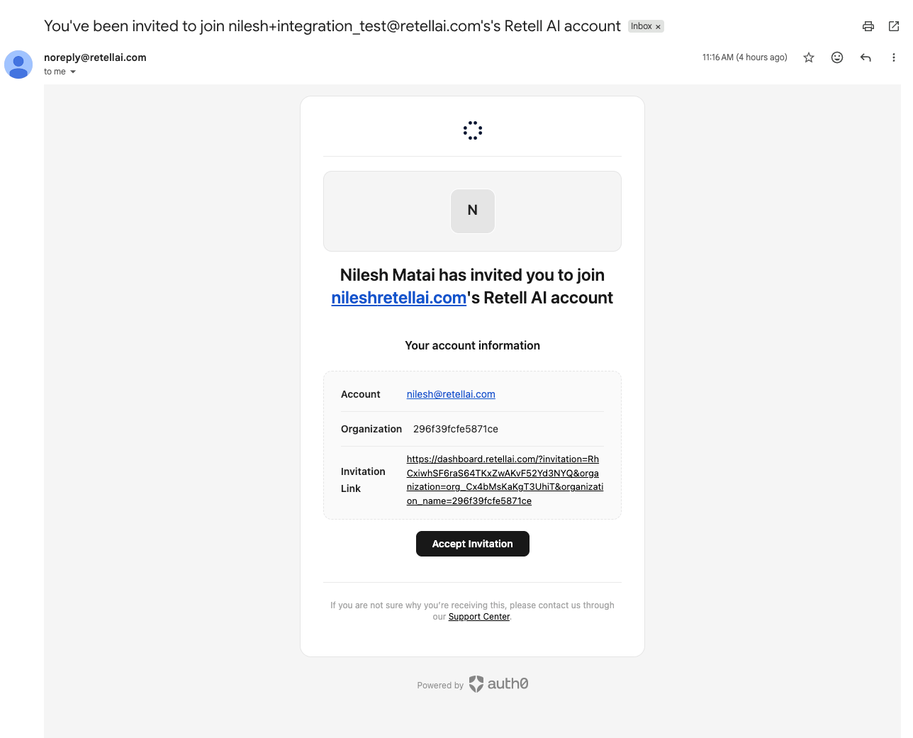 Email invitation to join a Retell AI workspace with Accept Invitation button