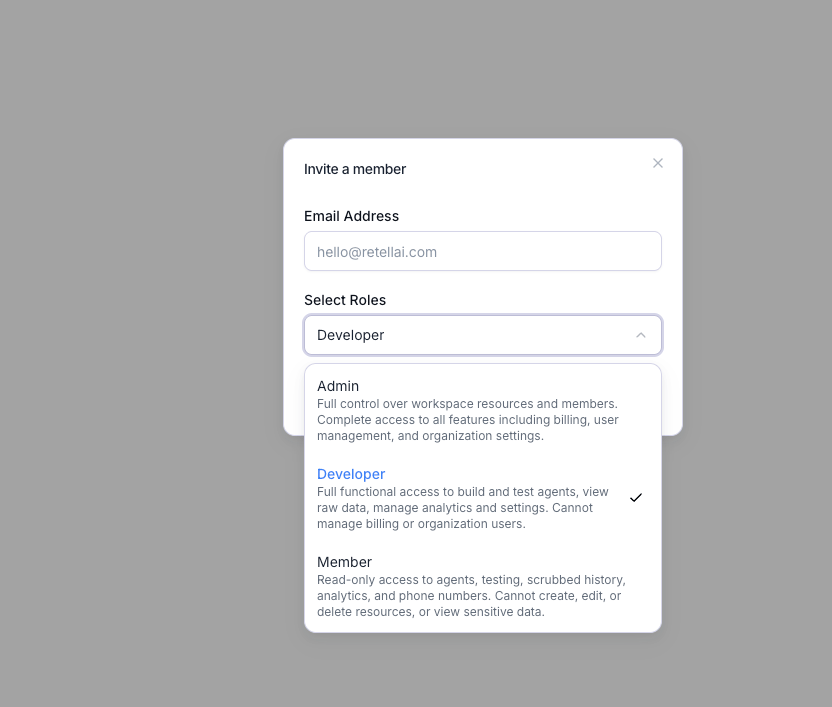 Invite a member dialog with email field and role options Admin, Developer, and Member