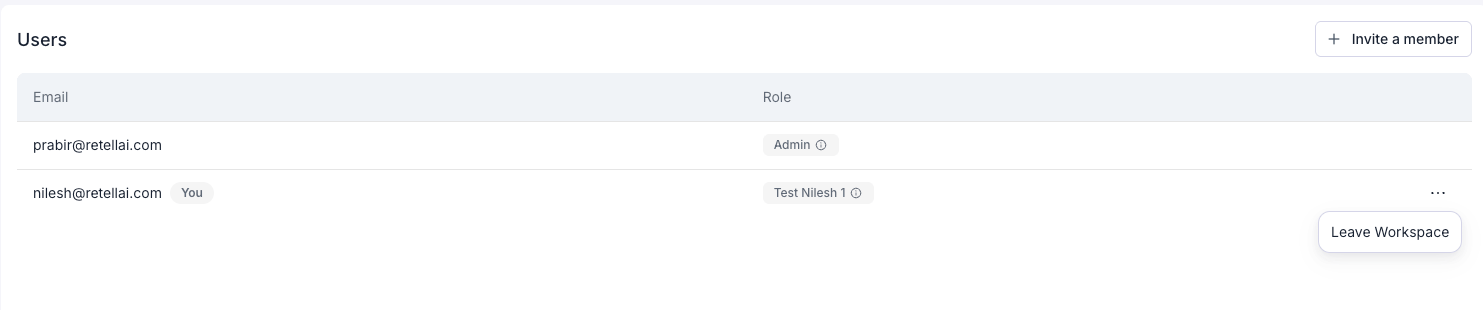 Users page with Leave Workspace button