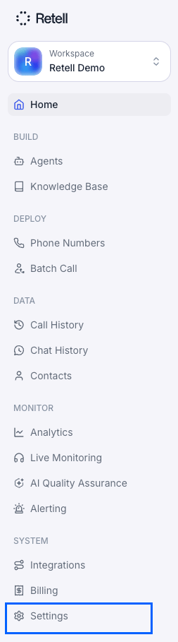 Retell sidebar with Settings highlighted under System