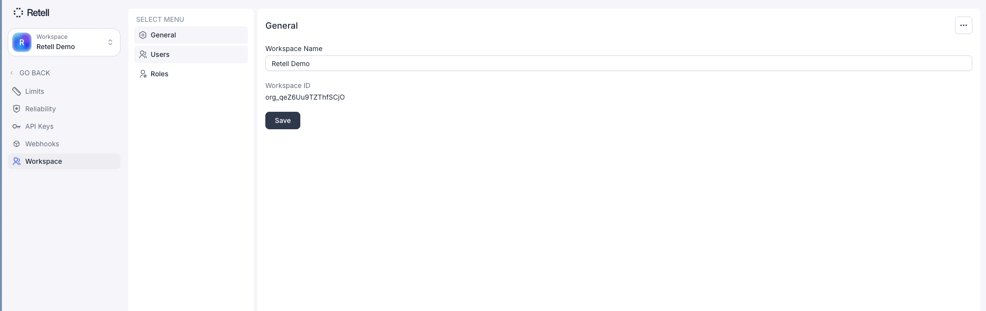Workspace General settings showing Workspace Name and Workspace ID