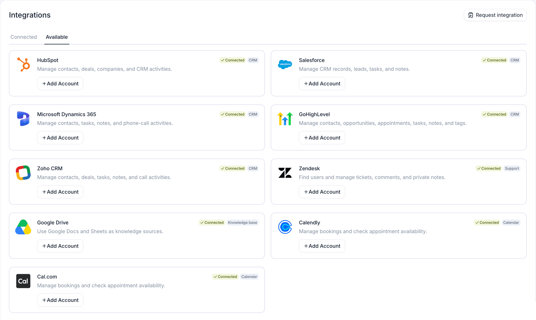 The Retell Dashboard's Integrations page on the Available tab, showing nine provider cards in two columns: HubSpot, Salesforce, Microsoft Dynamics 365, GoHighLevel, and Zoho CRM tagged CRM; Zendesk tagged Support; Google Drive tagged Knowledge base; and Calendly and Cal.com tagged Calendar. Each card carries a short description, a green Connected tag, and an Add Account button, and a Request integration button sits at the top right.