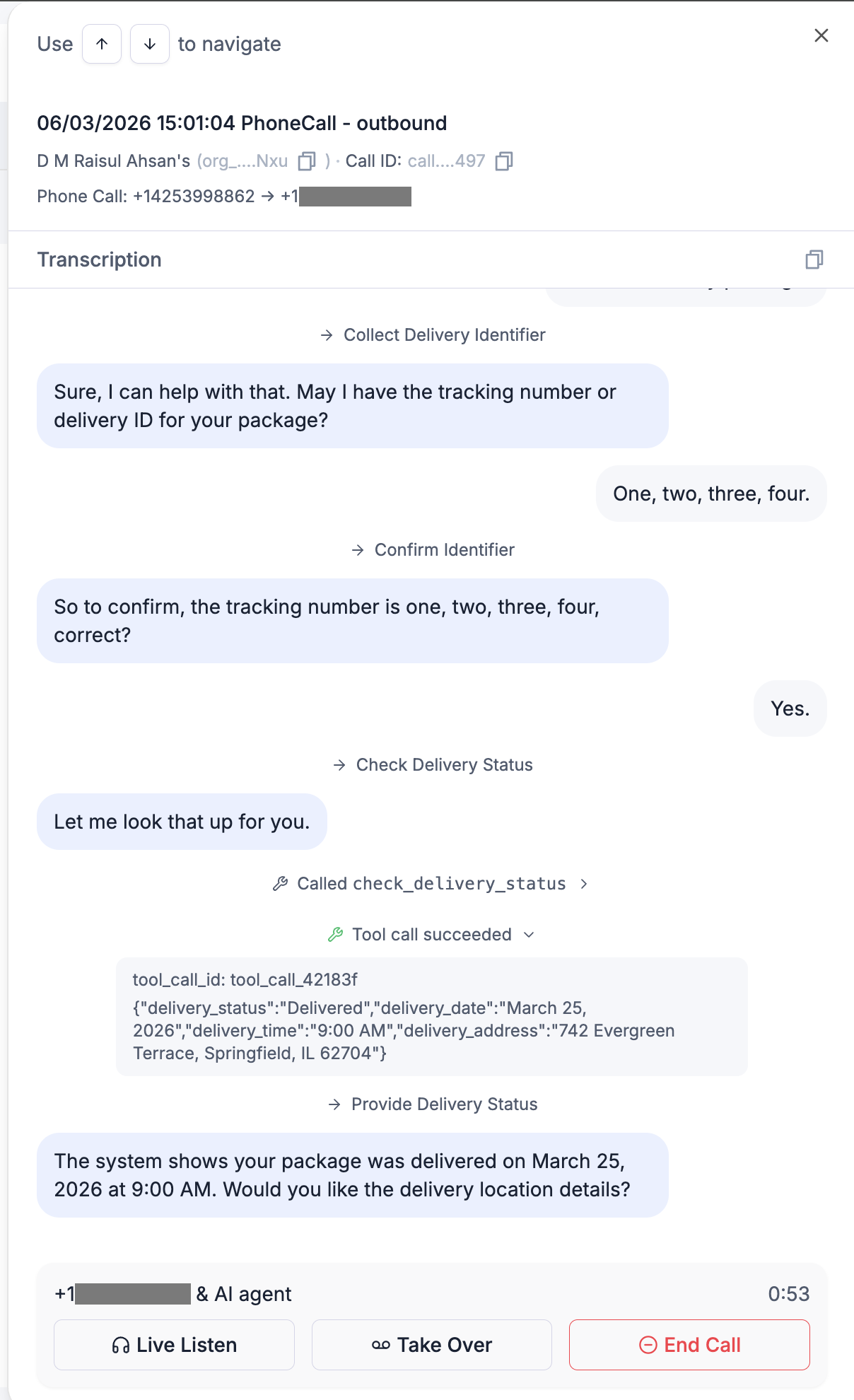Call detail drawer with the live transcript and action buttons
