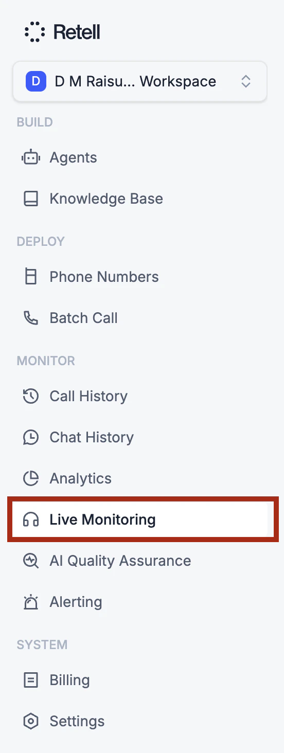 Live Monitoring in the dashboard navigation