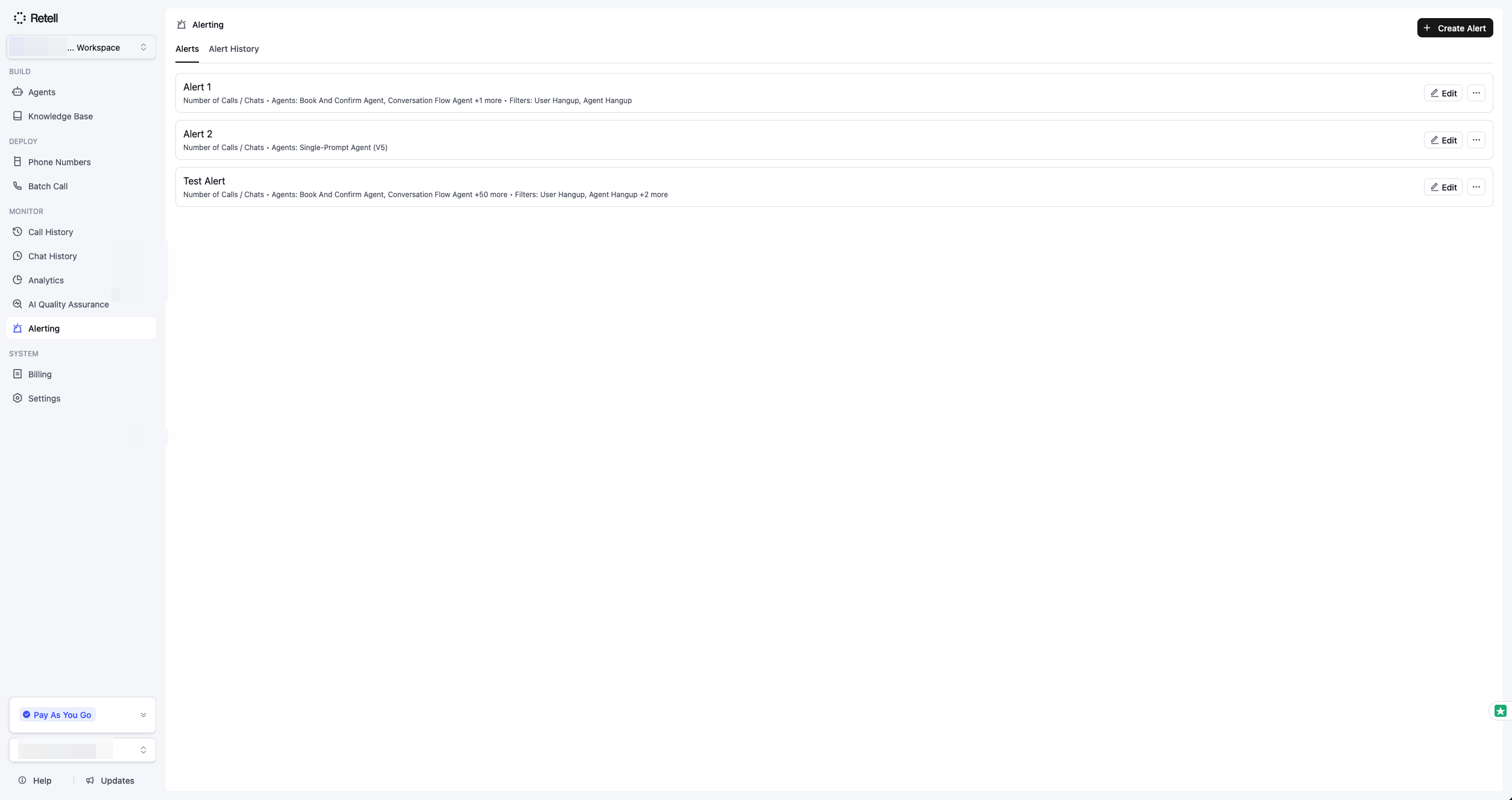 Alerting page in the Retell dashboard showing the Alerts tab with three saved alert rules, each listing its metric and filters, and a Create Alert button in the top right corner.