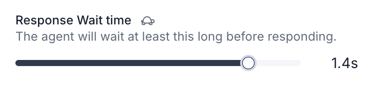 The Response Wait time setting in Speech Settings: the label with a turtle icon, the description 'The agent will wait at least this long before responding', and a slider set about three quarters of the way along, showing 1.4s.