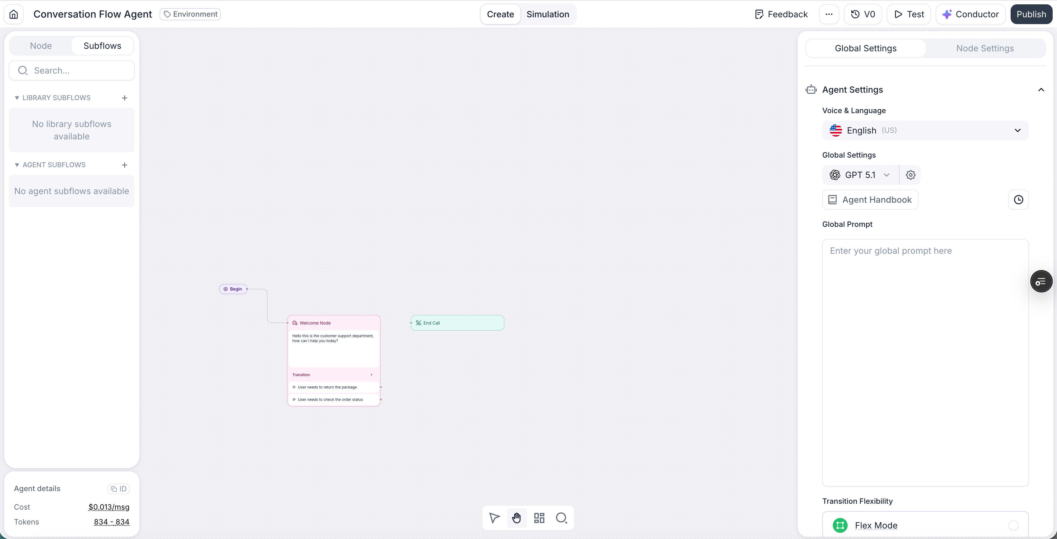 Subflow editor tab with a Begin node, a conversation node, and an Exit Subflow end node connected on the canvas.